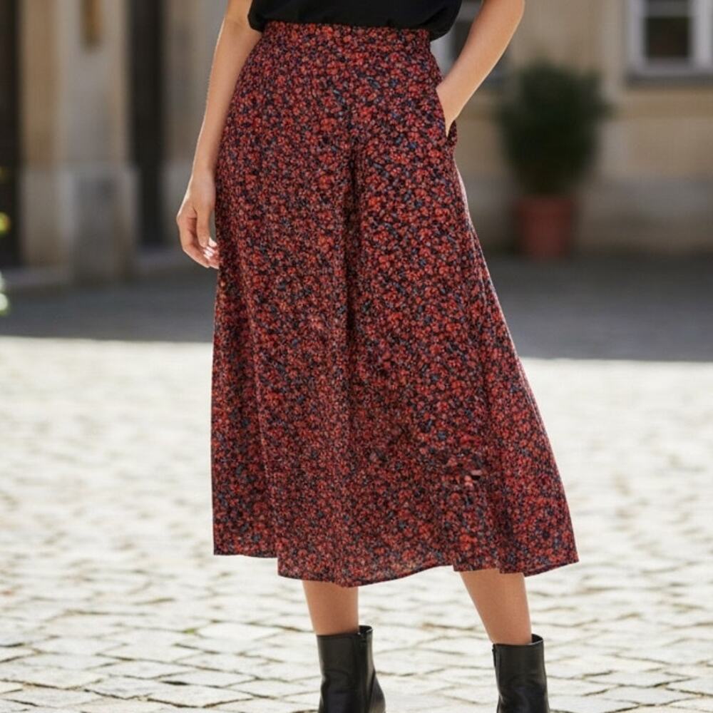 ZARA High Waisted Floral Flowy 2 Slits Preppy Midi Skirt Side Zip Up S Red Black